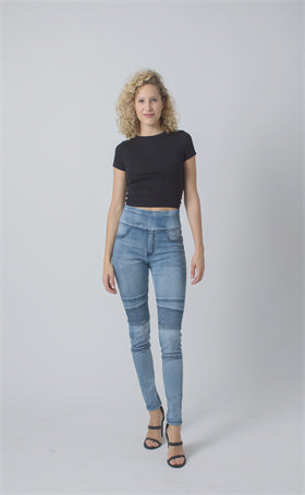Pull On Biker Panel Jeans - LIGHT BLUE