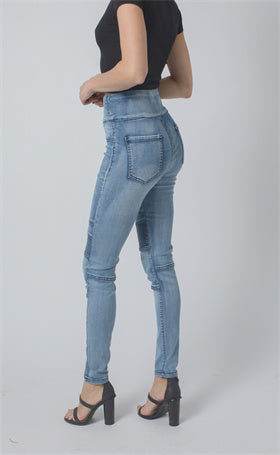 Pull On Biker Panel Jeans - LIGHT BLUE