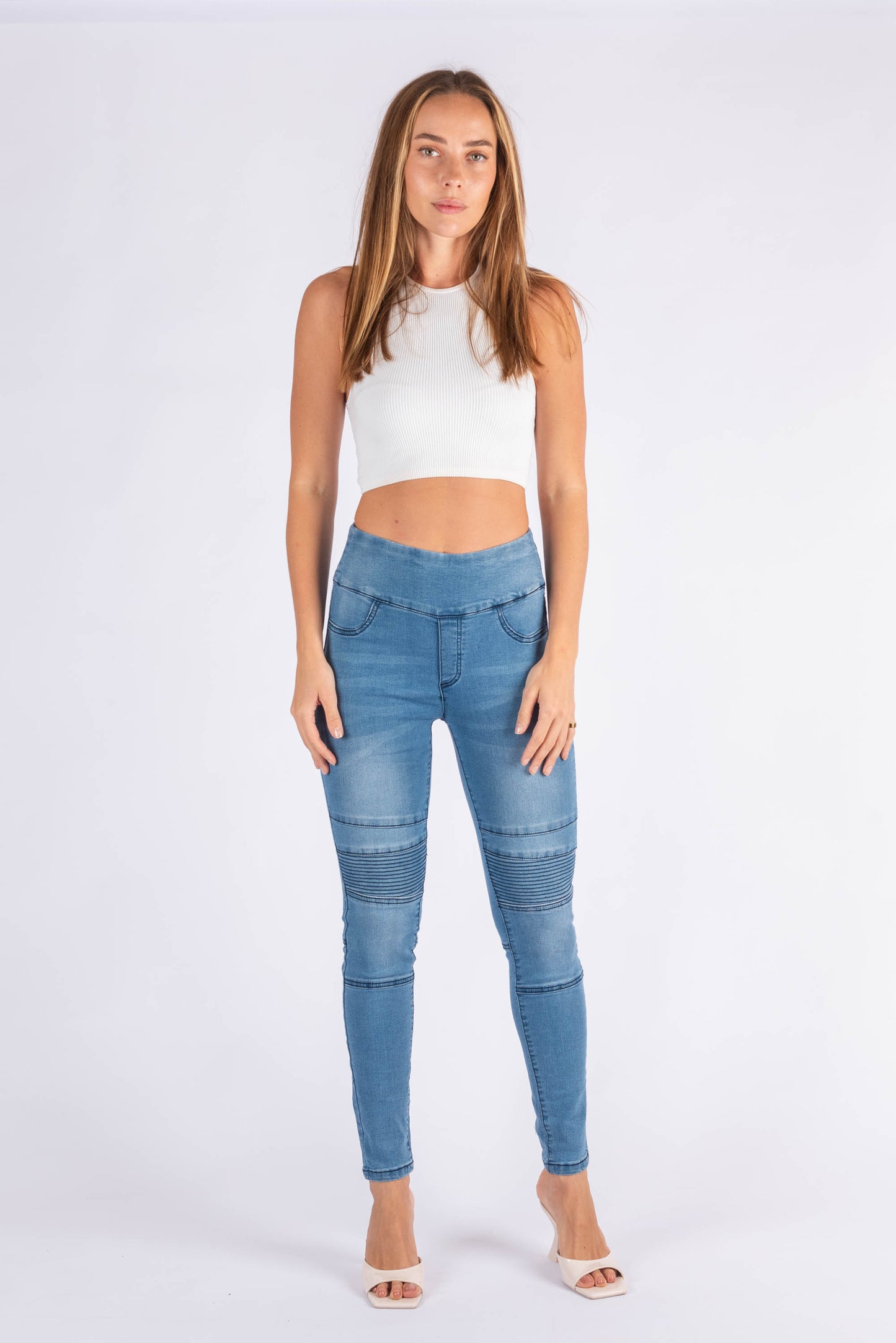 Pull On Biker Panel Jeans - MID BLUE