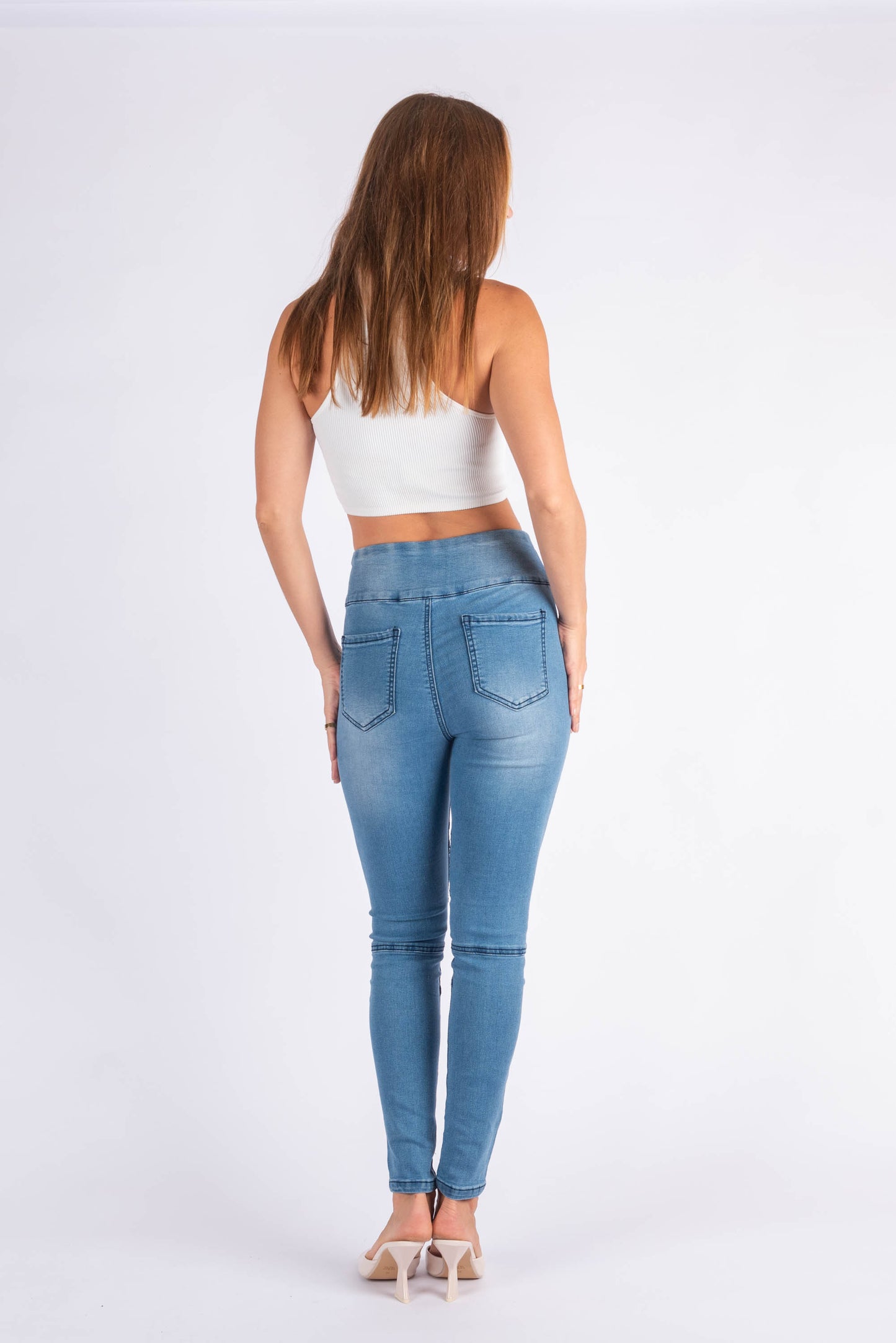 Pull On Biker Panel Jeans - MID BLUE