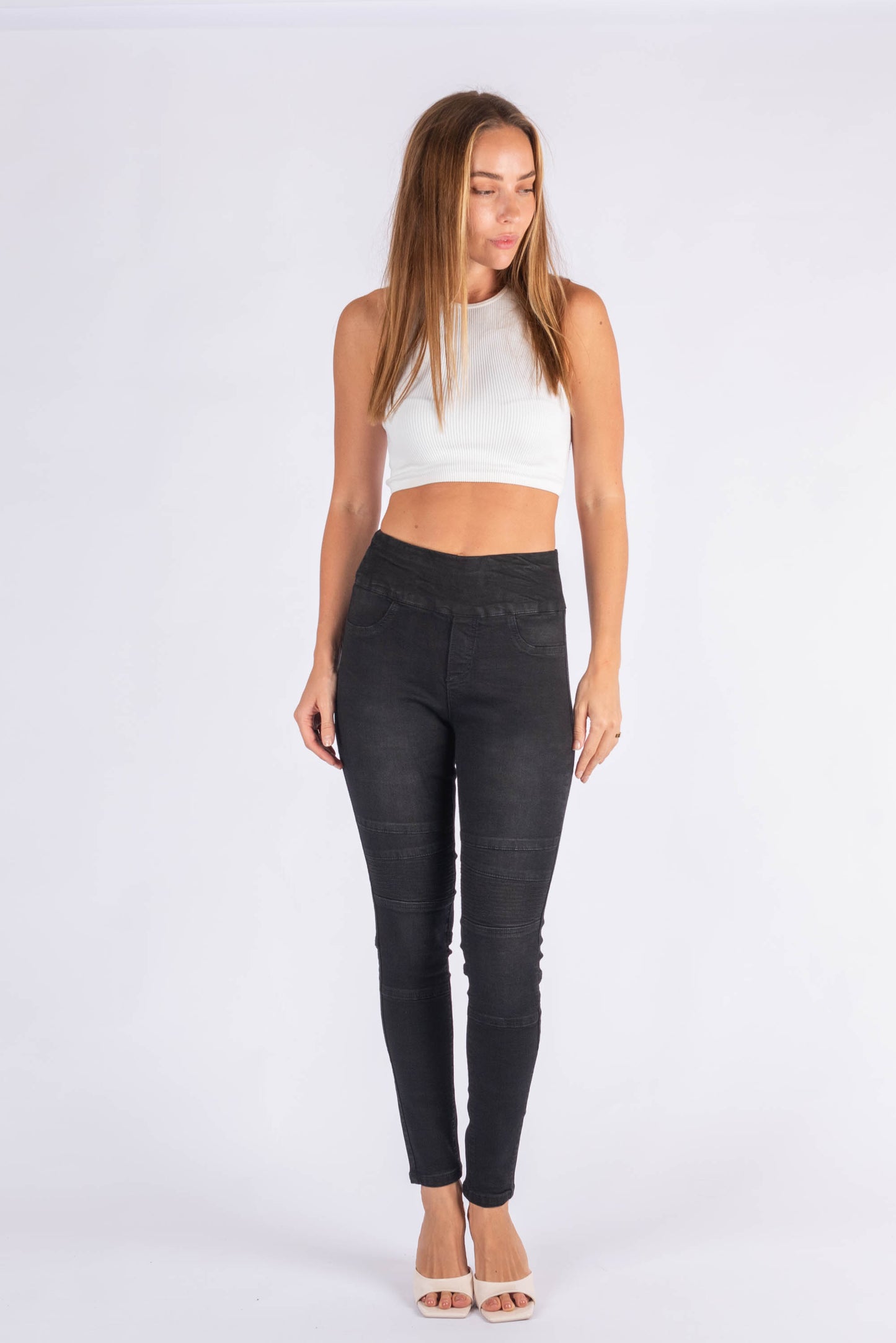 Pull On Biker Panel Jeans - BLACK