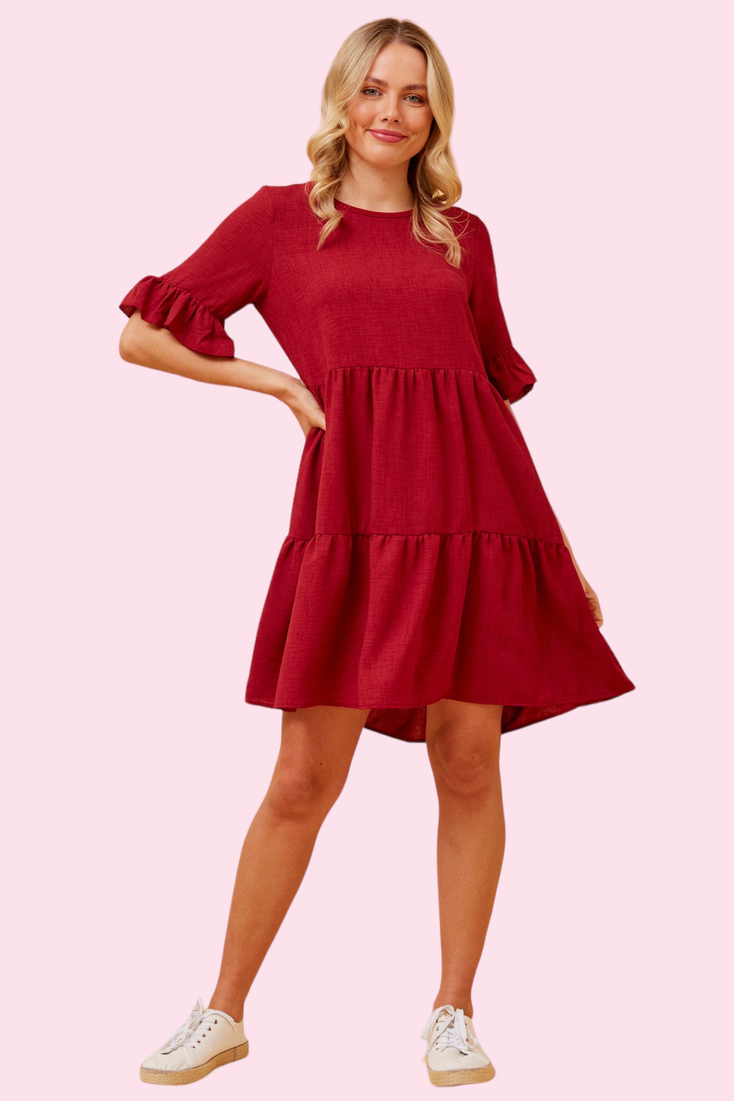 Babydoll Tiered Dress - Red