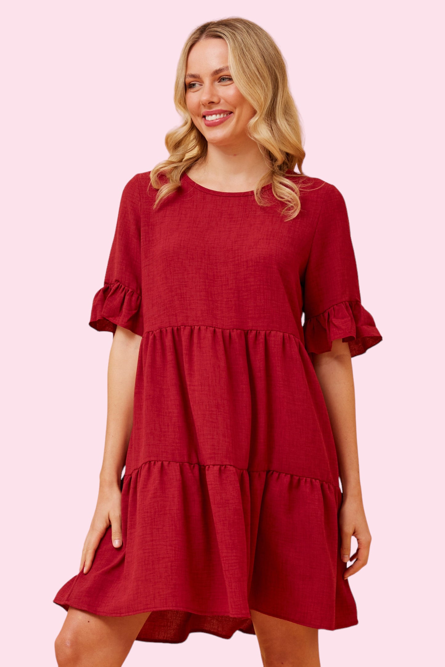 Babydoll Tiered Dress - Red