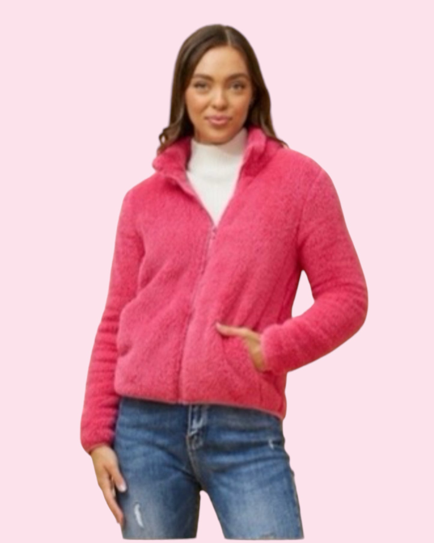 Teddy Fur Zip Jacket - Fuchsia