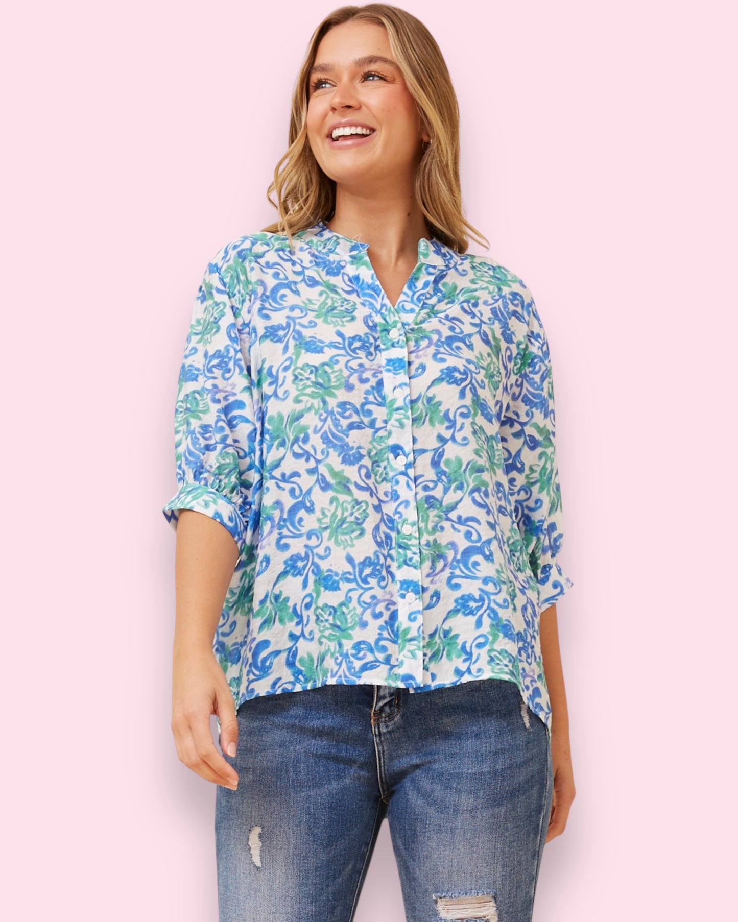 Mia Printed Shirt - Blue/Green Floral