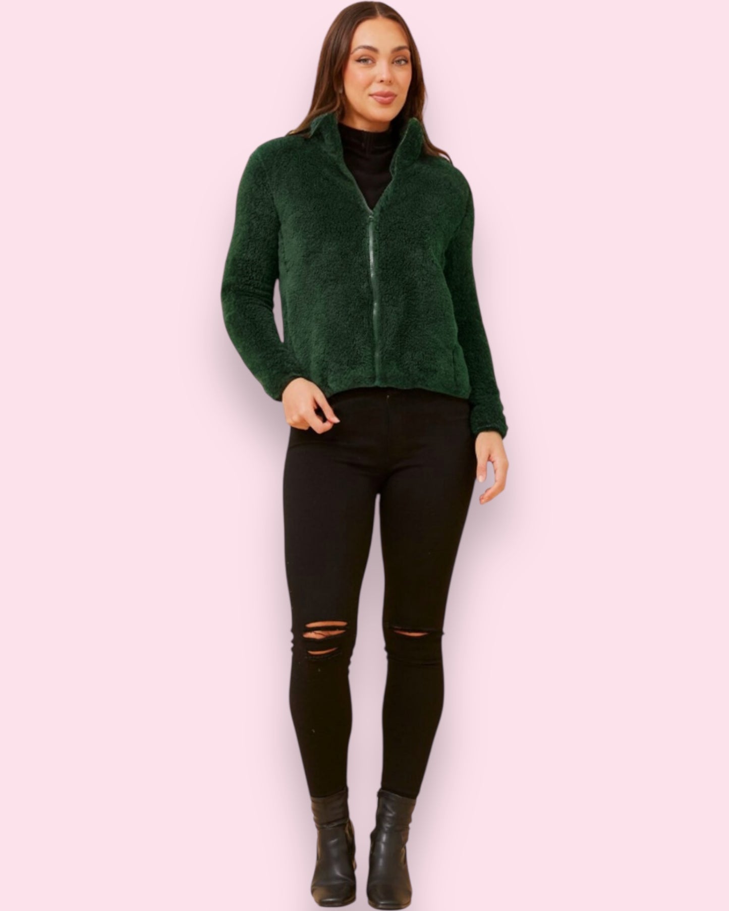 Teddy Fur Zip Jacket - Khaki