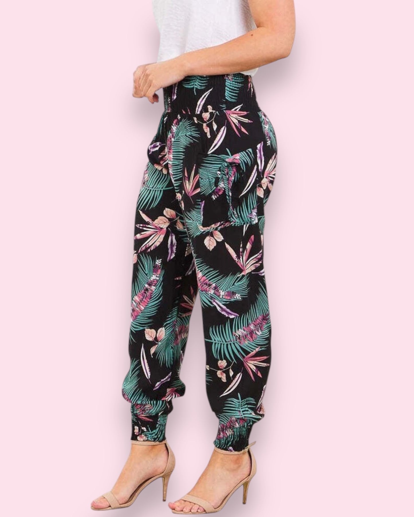 Harem Pants - Teal/Black Palm Print