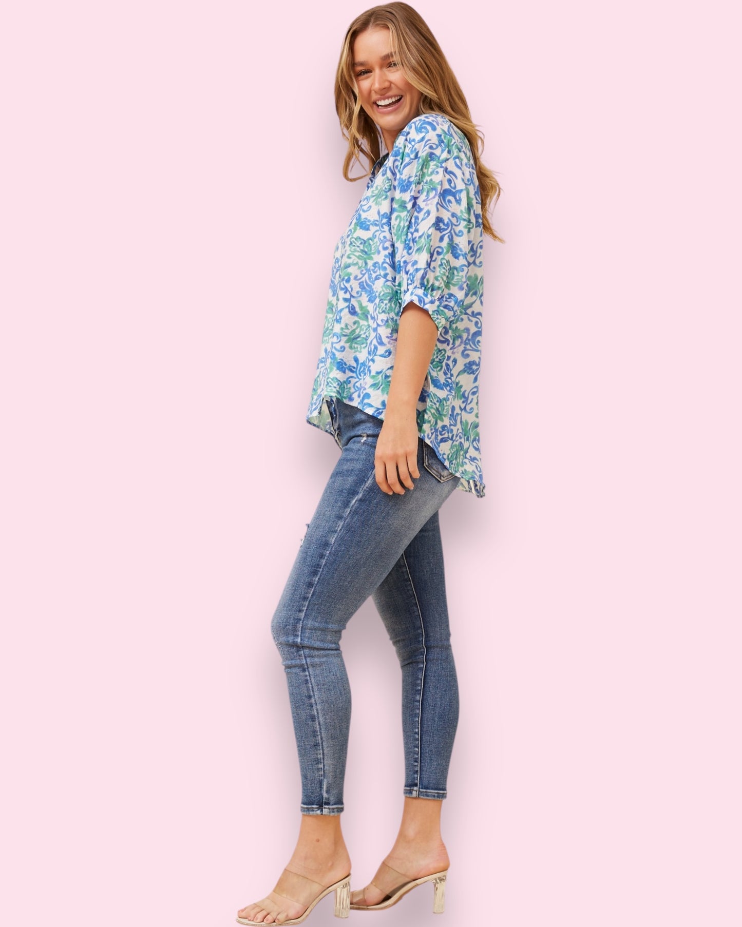 Mia Printed Shirt - Blue/Green Floral
