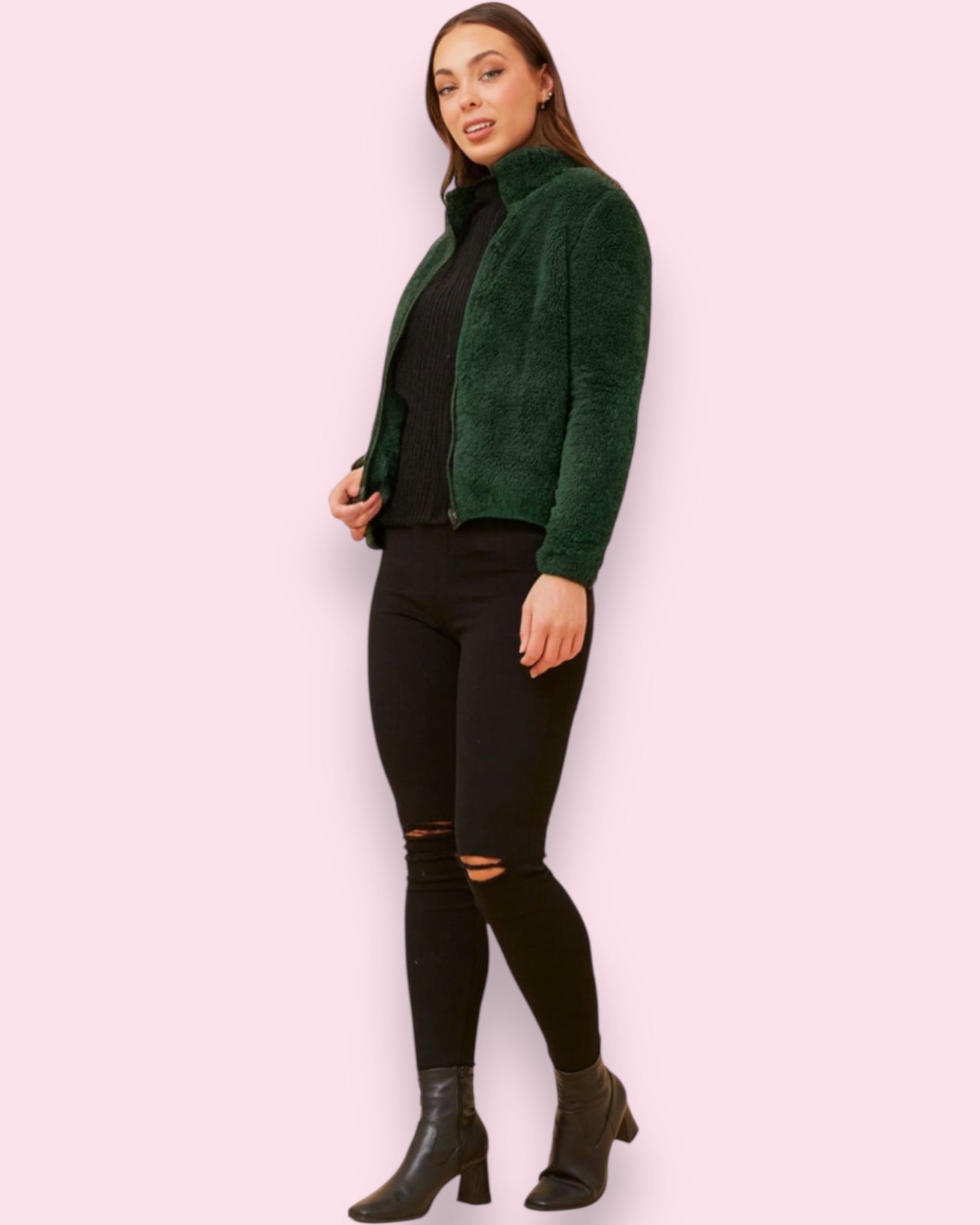Teddy Fur Zip Jacket - Khaki
