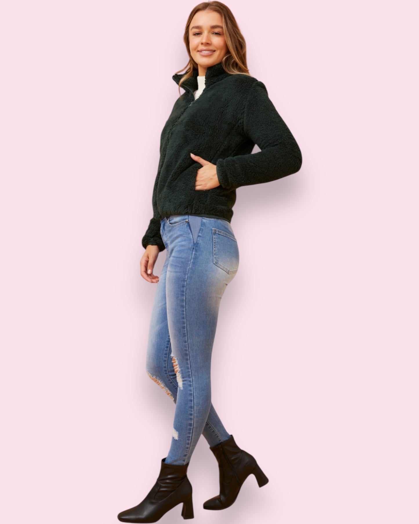Teddy Fur Zip Jacket - Forest Green