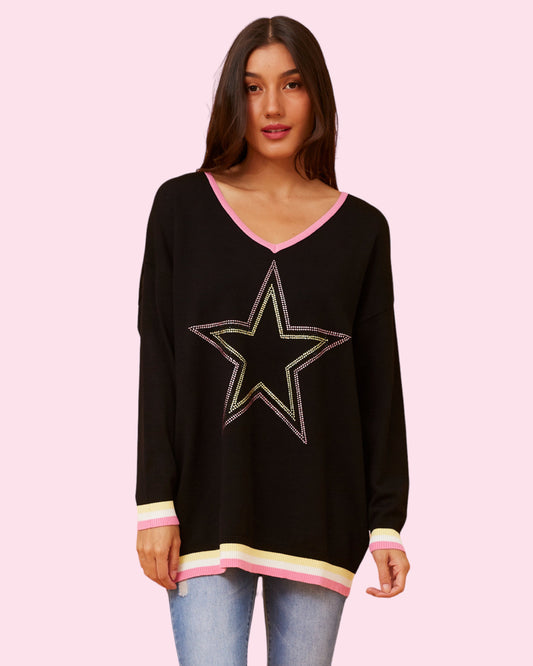 Star Diamanté Knit Pullover - Black