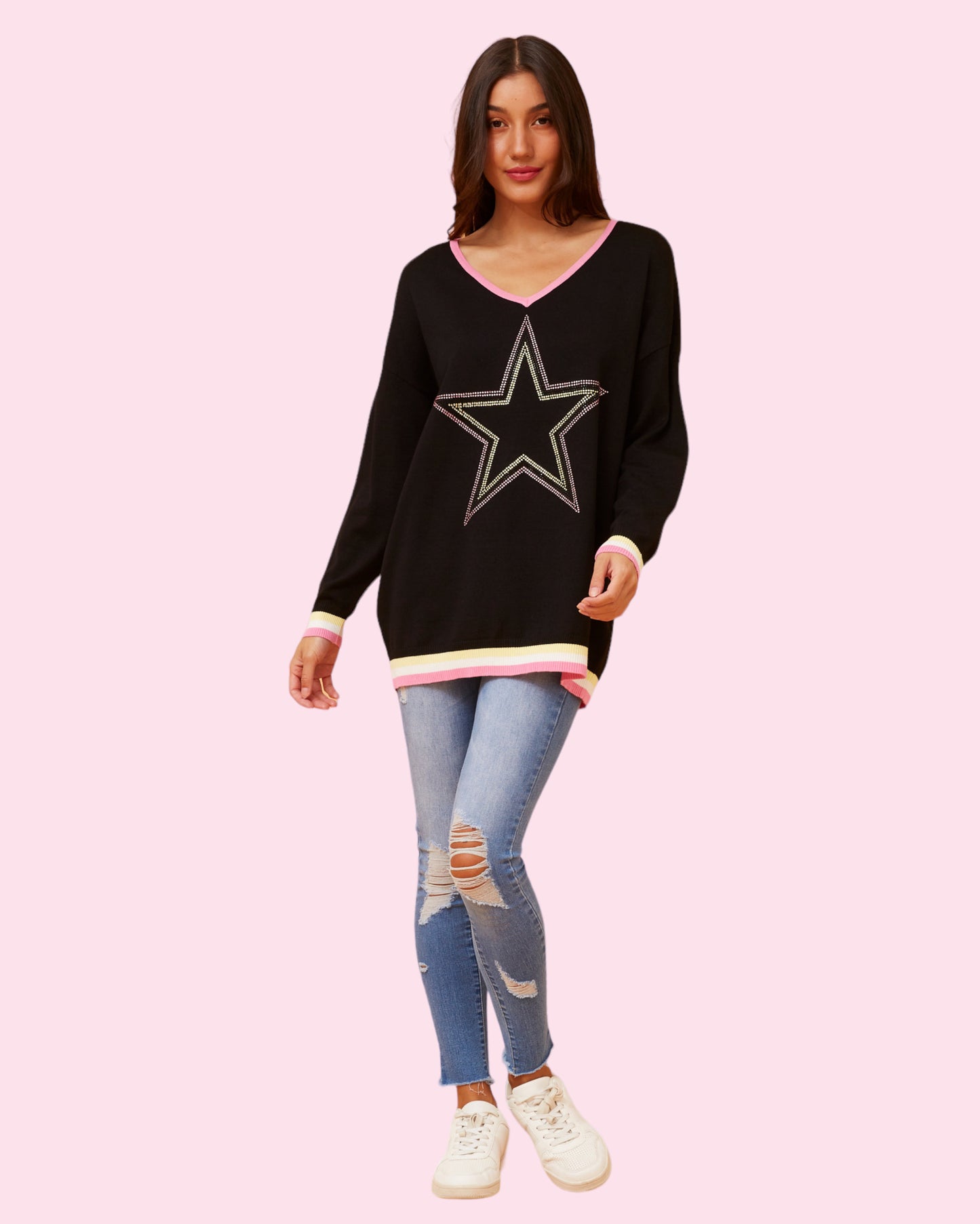 Star Diamanté Knit Pullover - Black