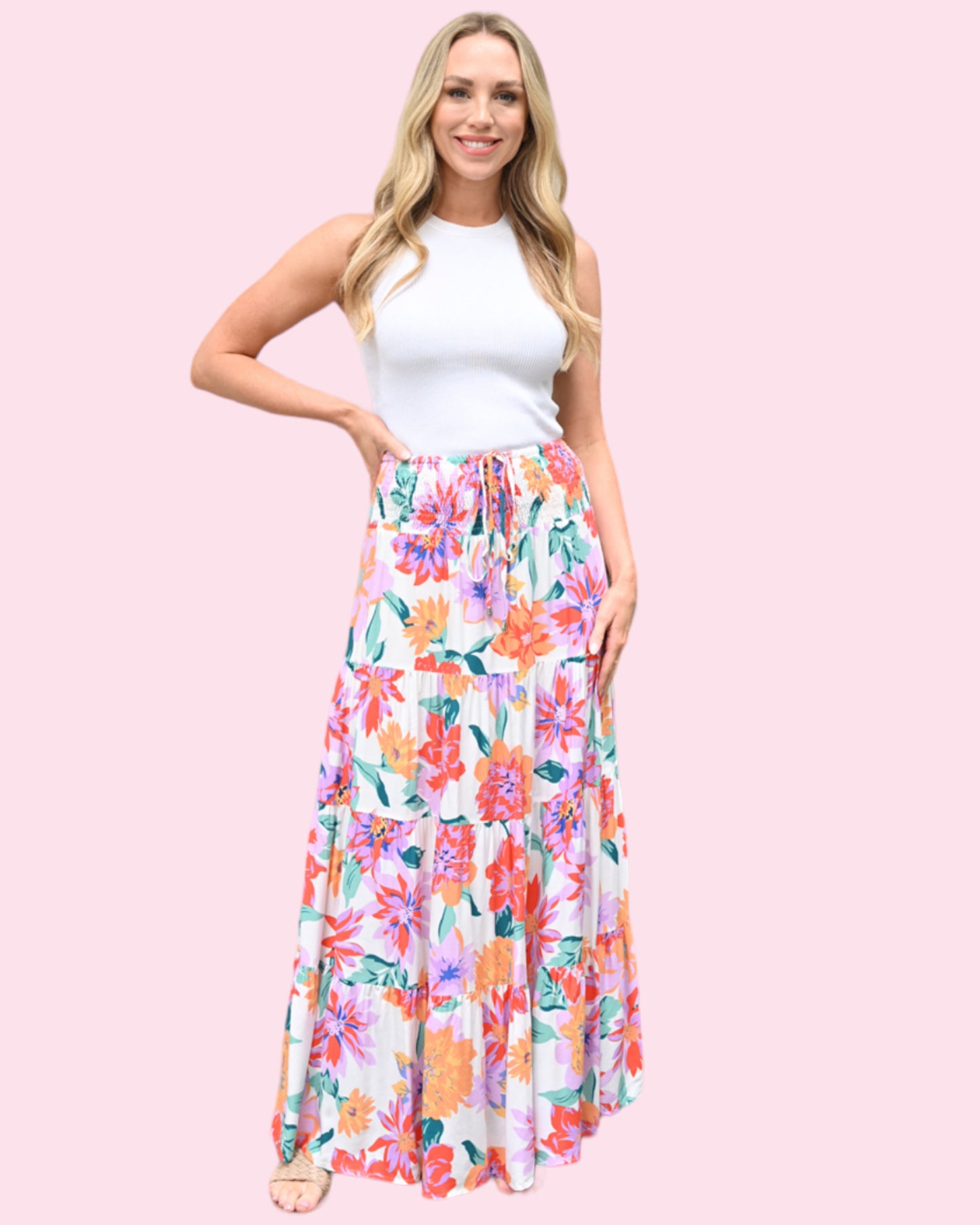 Tina Two Way Wear Skirt/Dress - White/Pink Floral Print