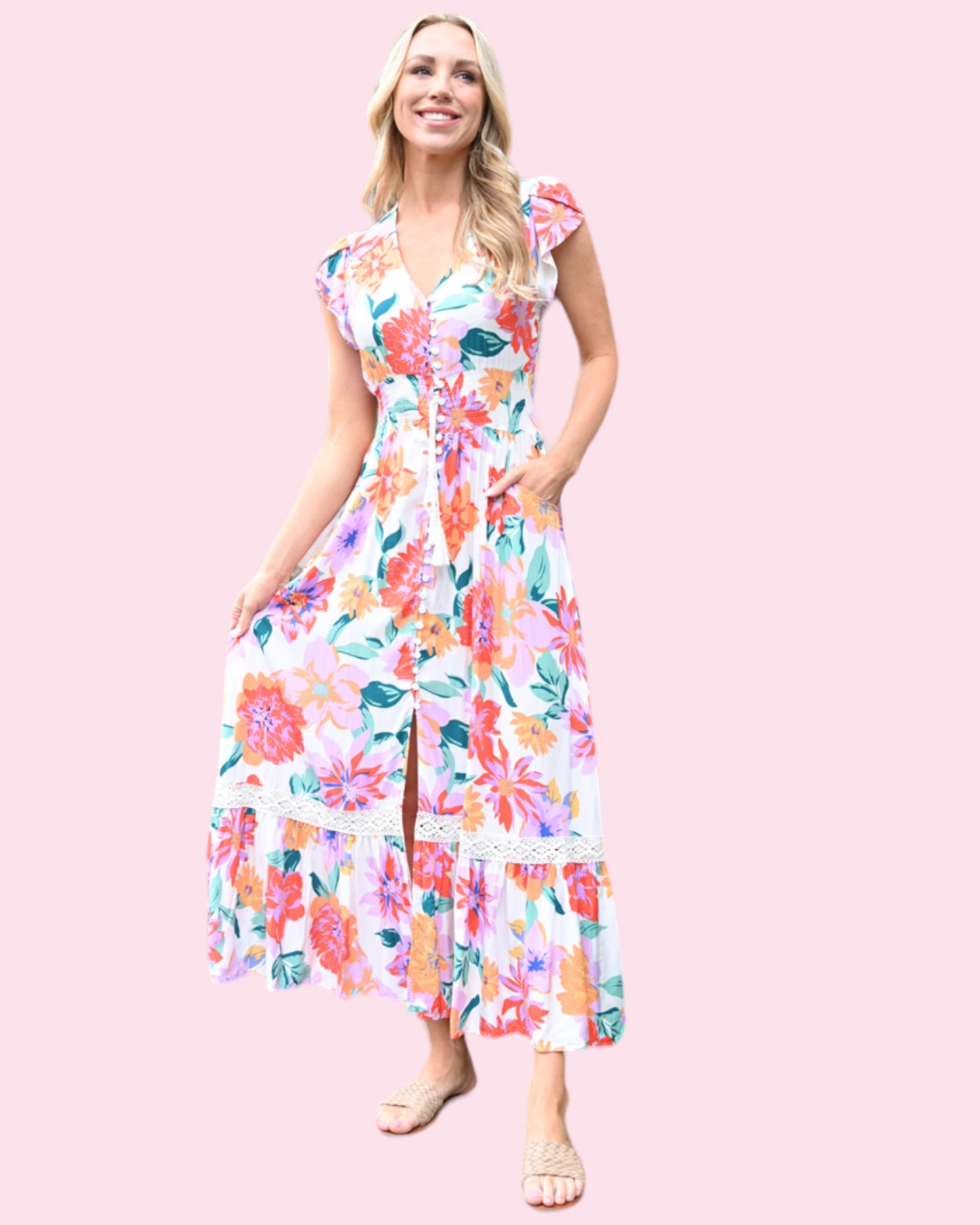 Cassie Maxi Dress - White/Pink Floral Print