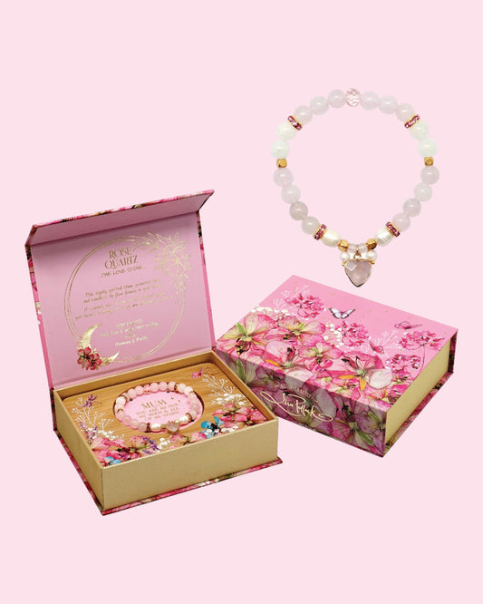 Crystal Heart Charm Bracelet Gift Set Rose Quartz
