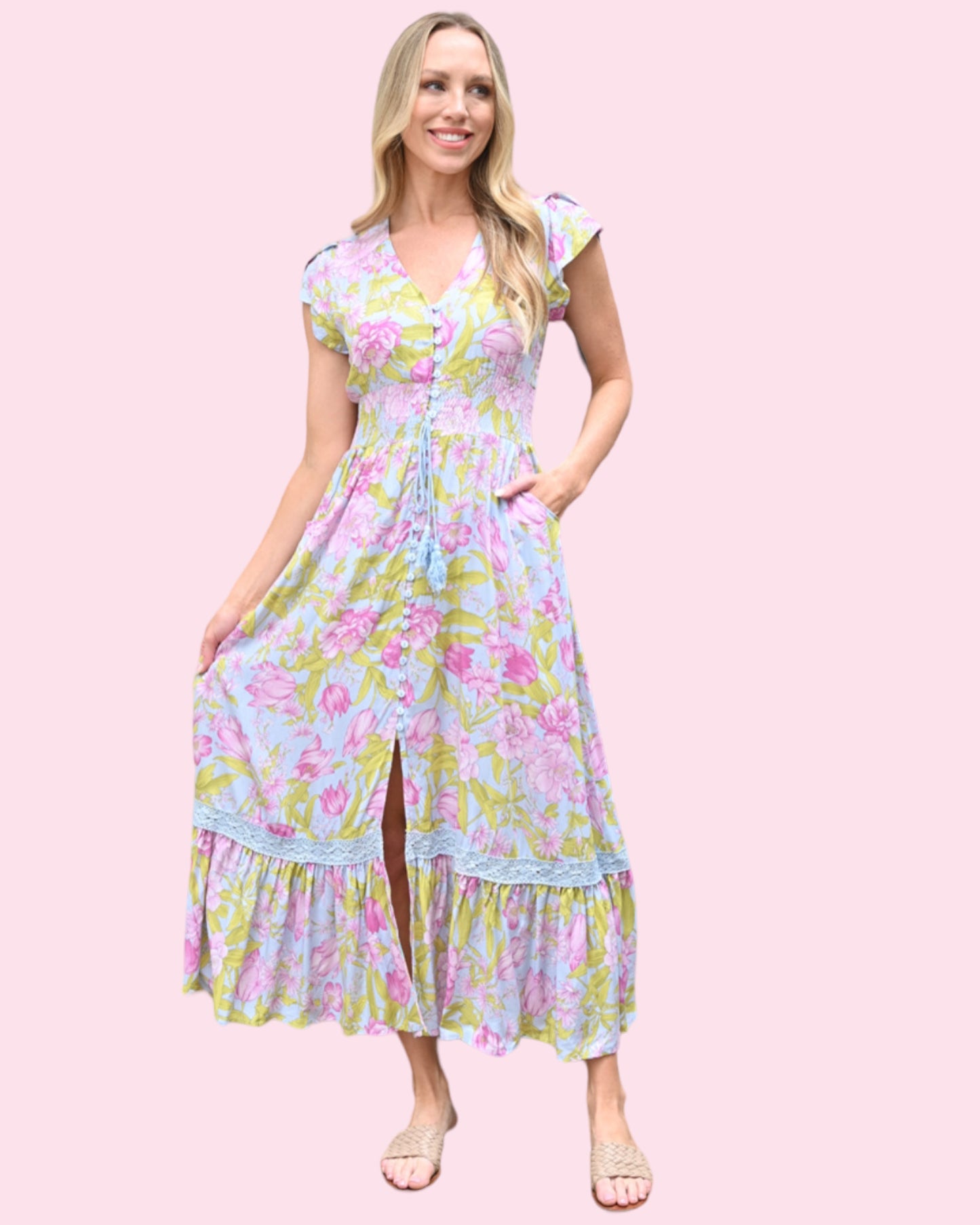 Cassie Maxi Dress - Blue/Pink Floral Print