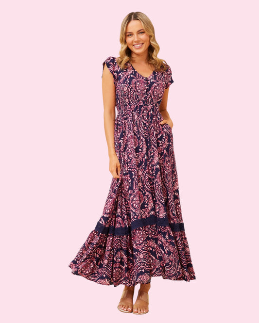 Cleo Maxi - Navy/Pink Paisley