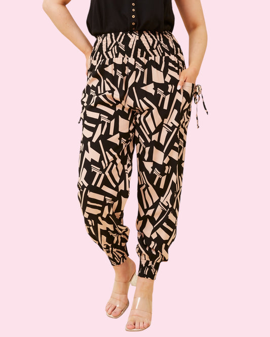 Harem Pants - Beige/Black Geo Print