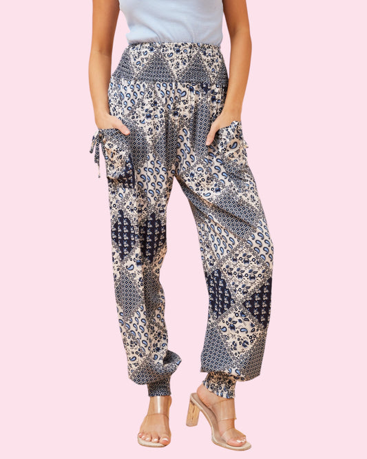 Harem Pants - Blue Patch Print