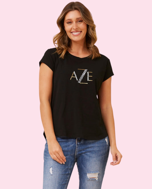 AZE Beaded Cap Sleeve Tee - Black