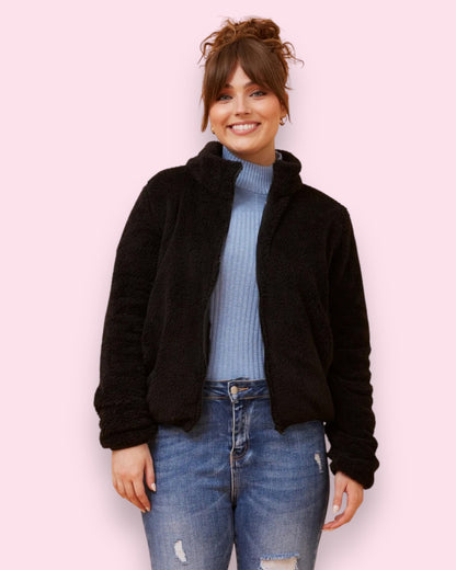 Teddy Fur Zip Jacket - Black