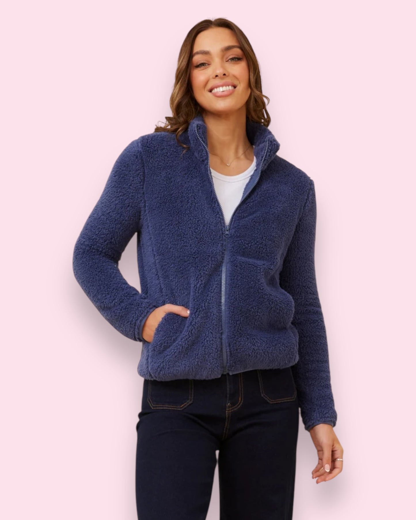 Teddy Fur Zip Jacket - Blue Jean