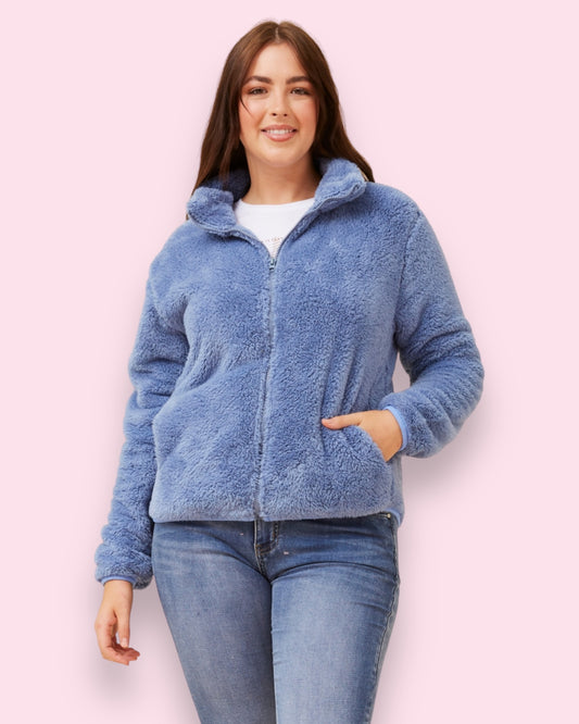 Teddy Fur Zip Jacket - Indigo