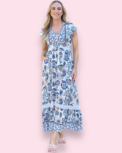 Cassie Maxi Dress - White/Indigo Print