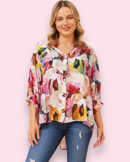 Mia Luxe Printed Shirt - Abstract Brush Strokes