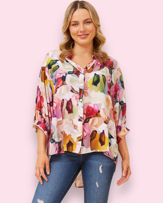 Mia Luxe Printed Shirt - Abstract Brush Strokes