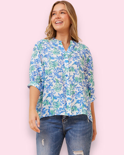 Mia Printed Shirt - Blue/Green Floral