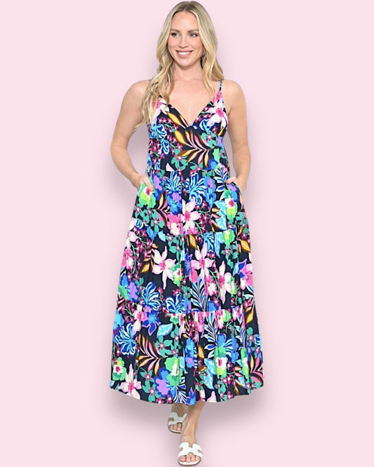 Makenna Midi Dress - Navy Tropical