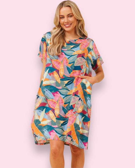 Selena Shift Dress - Multi Blue Leaf