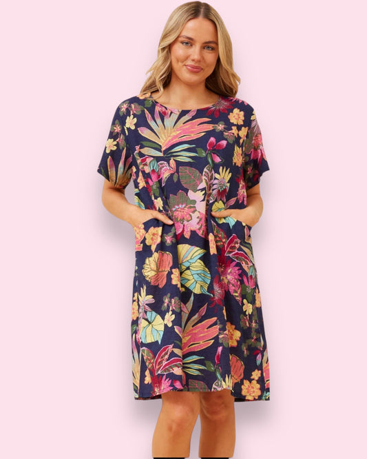 Selena Shift Dress - Navy Tropical