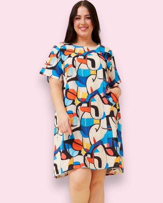Selena Shift Dress - Multi Blue Abstract Art