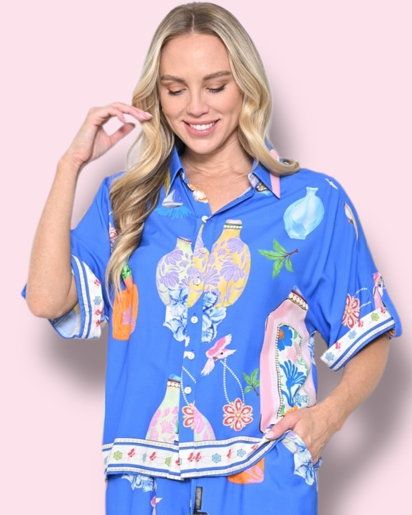 Charlene Printed Shirt - Cobalt Motif Print