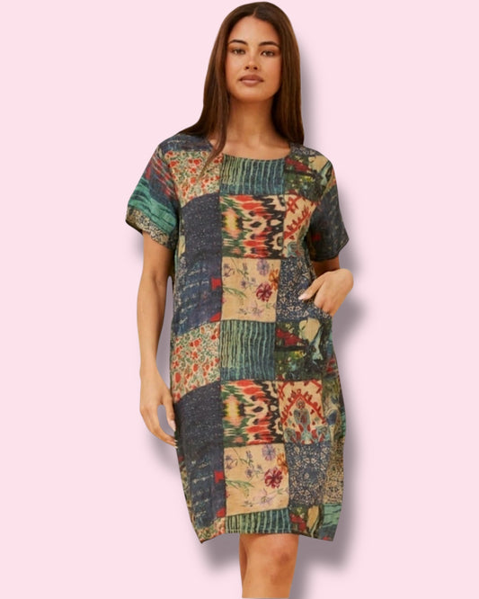 Selena Shift Dress - Emerald Patchwork