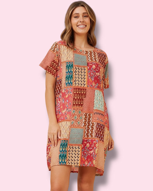 Selena Shift Dress - Red Patchwork