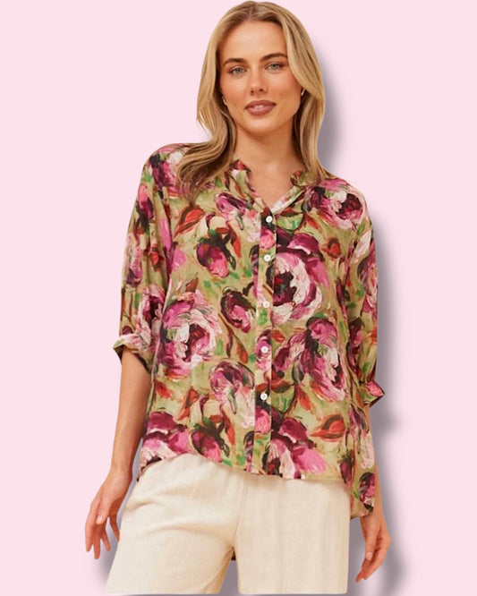 Mia Printed Shirt - Multi Pink Rose