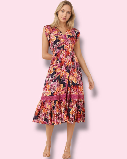 Clea Midi - Multi Pink/Navy