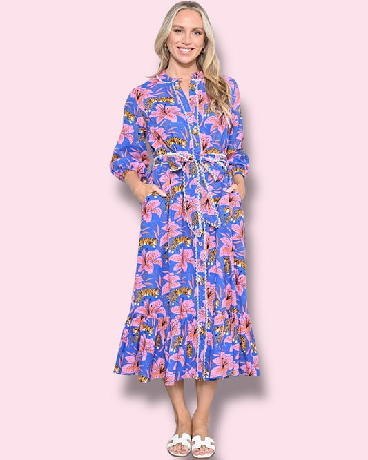 Hibiscus Shirt Dress - Blue/Pink