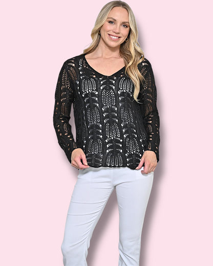 Carly Crochet Knit Top - Black
