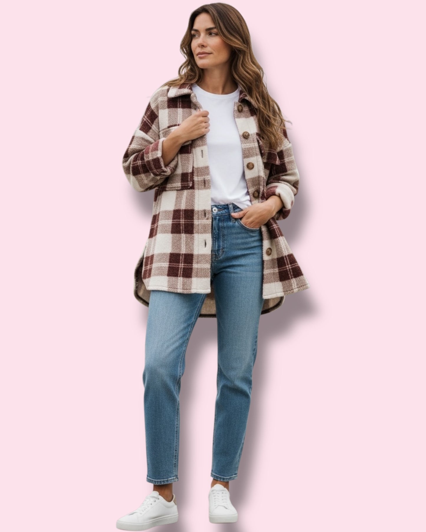 Victoria Check Shacket - Burgundy