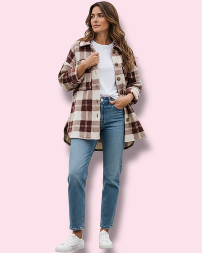 Victoria Check Shacket - Burgundy