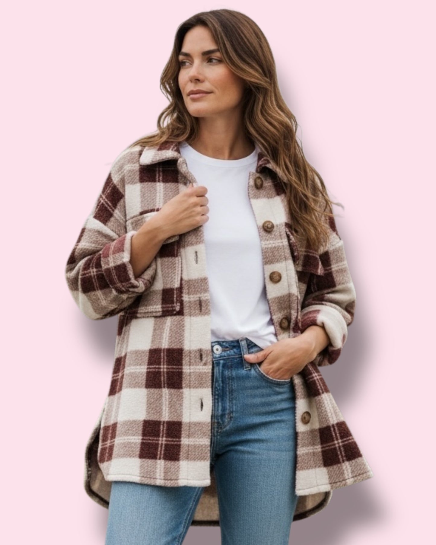 Victoria Check Shacket - Burgundy