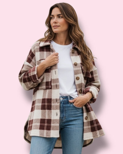 Victoria Check Shacket - Burgundy