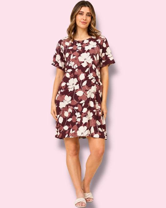 Selena Shift Dress - Burgundy Flowers