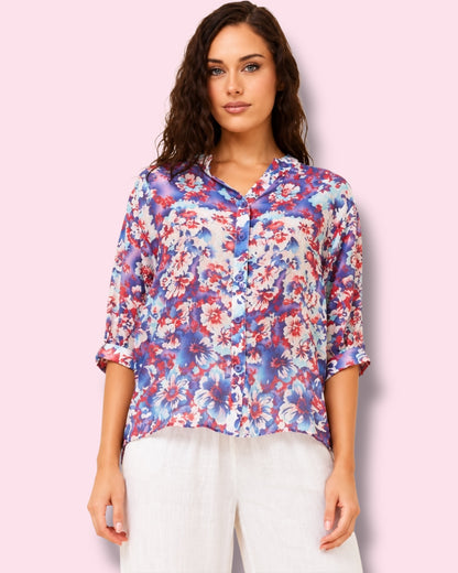 Mia Printed Shirt - Indigo Flowers