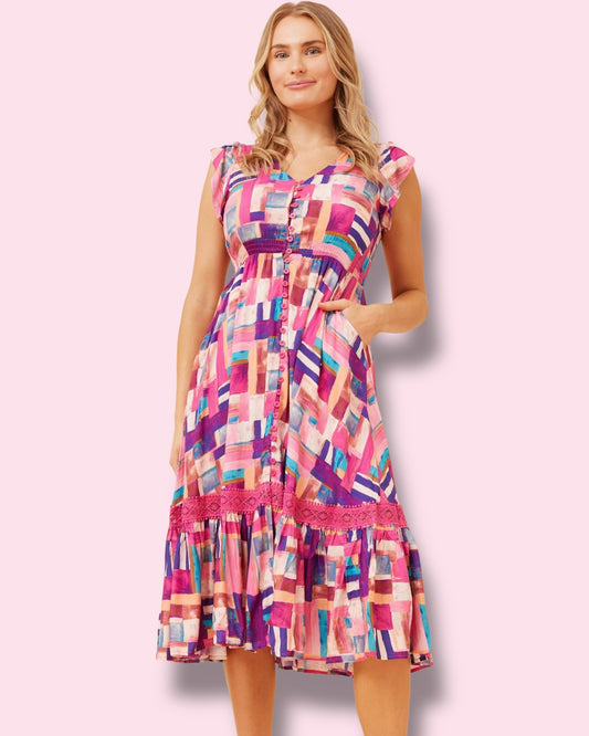 Clea Midi - Pink Abstract Brush Strokes