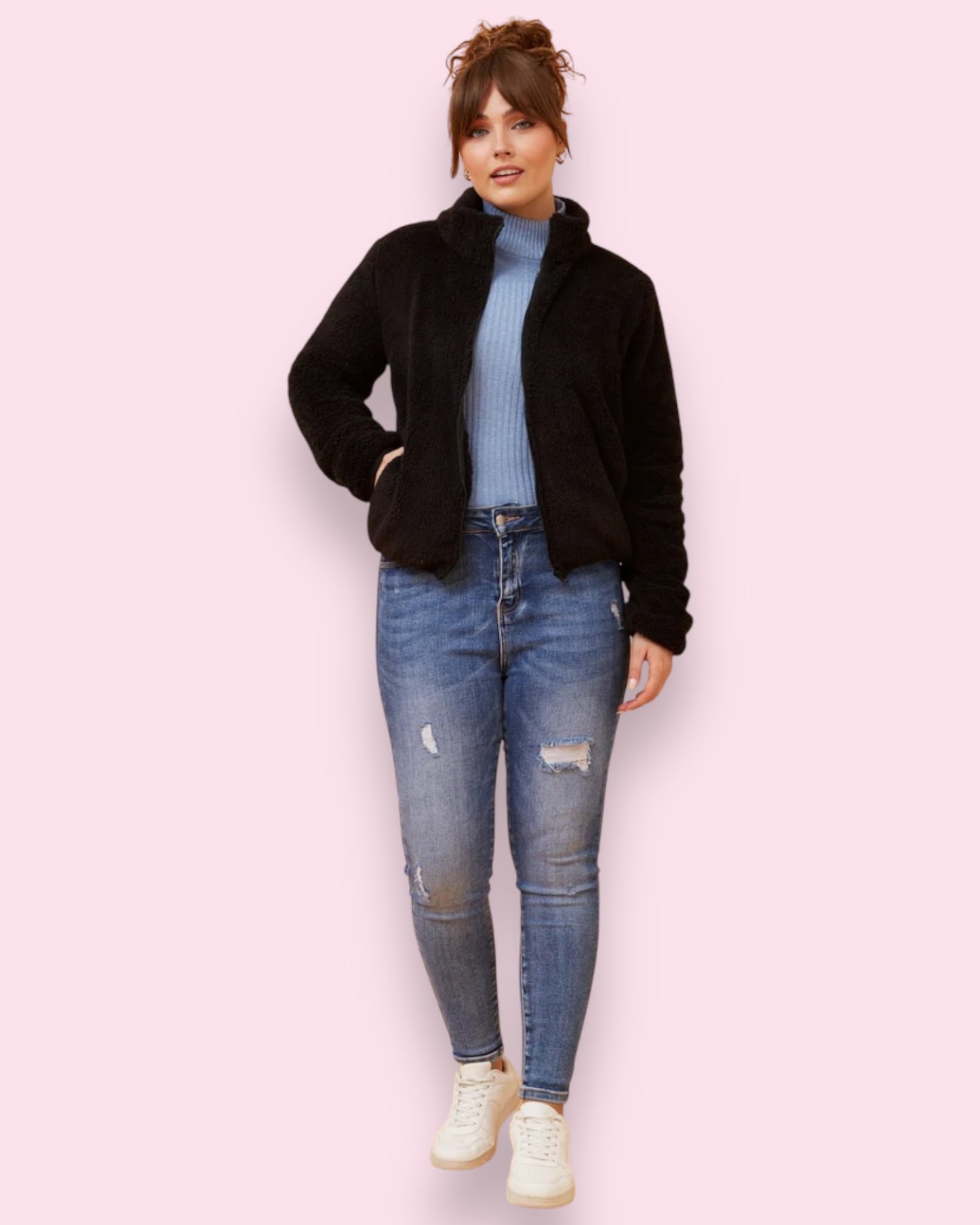 Teddy Fur Zip Jacket - Black